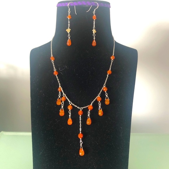 Sterling Silver Carnelian Agate Necklace Earrings - Picture 1 of 9